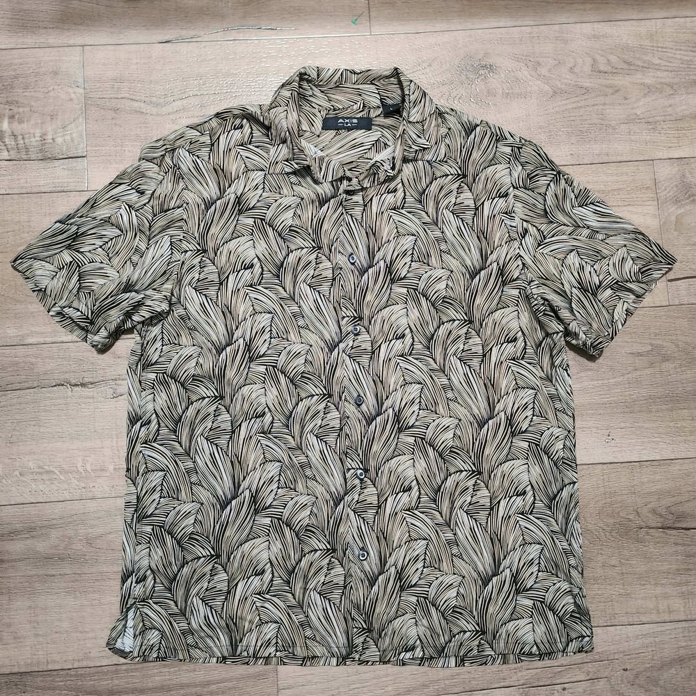 Axis LA Men Large 100% Silk Short Sleeve Button Down Shirt Abstract Leaf Tan Blk